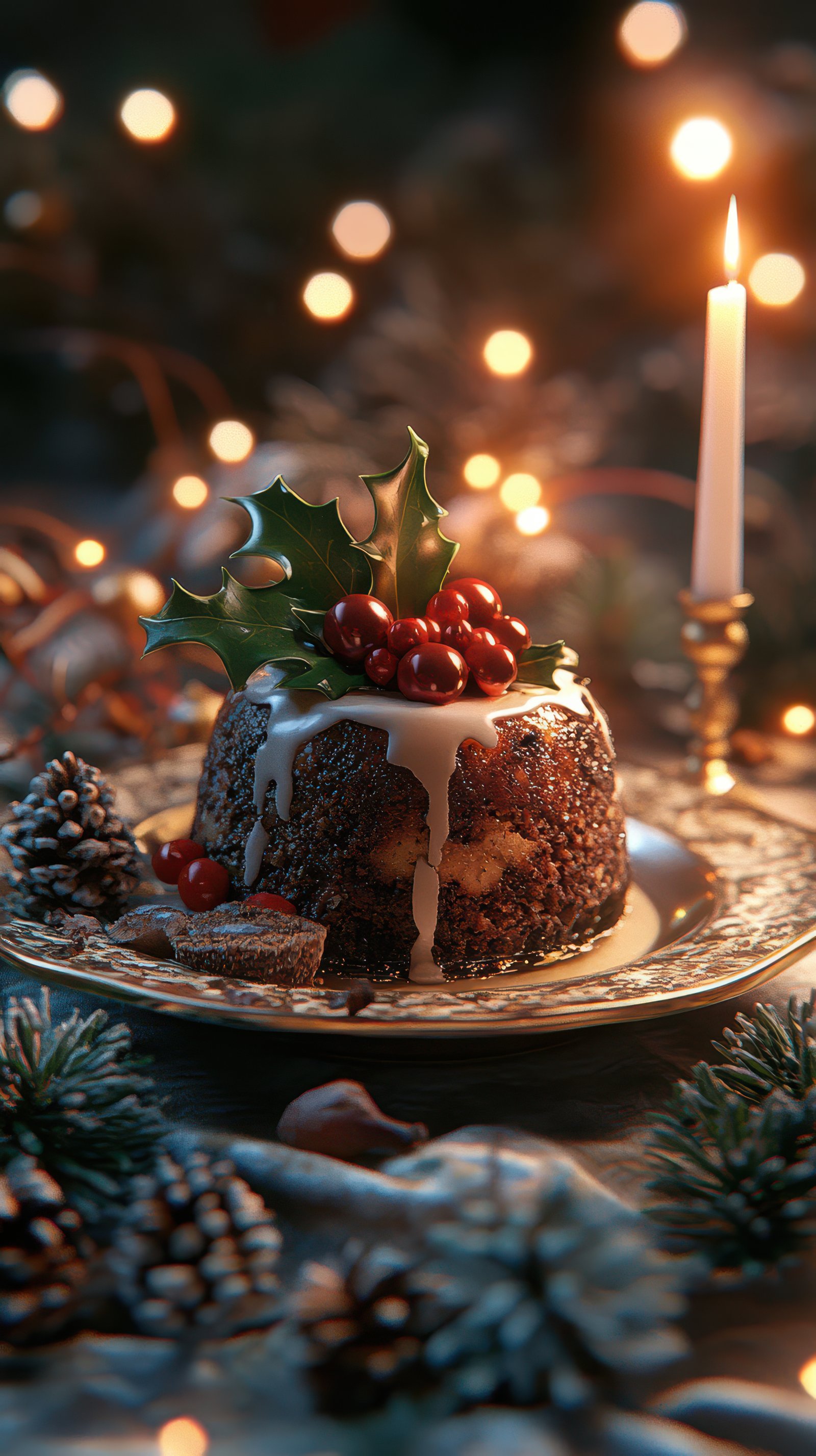A Christmas pudding sits on a plate with a single lit candle and festive decorations in the background